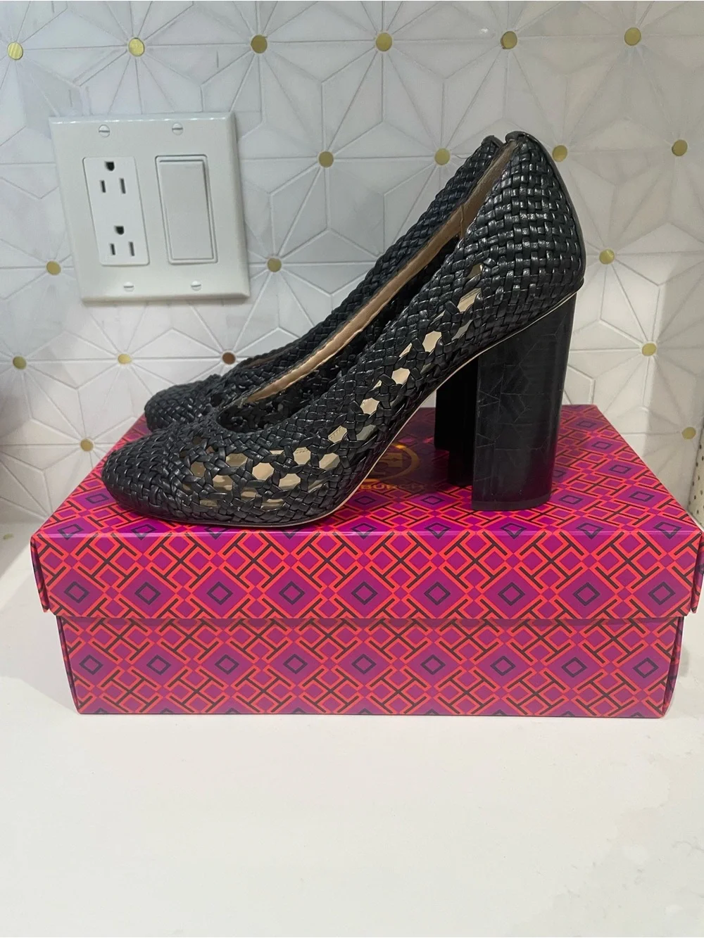 Tory Burch Black Woven Block Heel Pumps